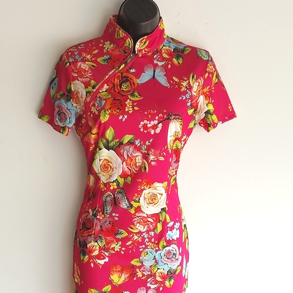 Short Sleeve Floral Stretch Pencil Dress With Stand Collar ⭐️⭐️⭐️ - Picture 4 of 7